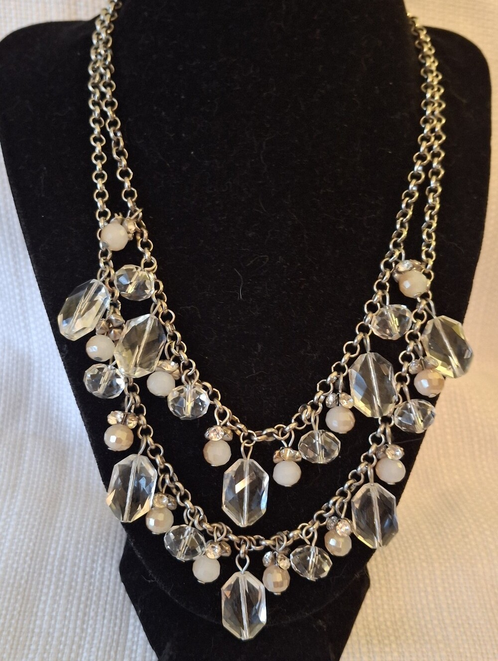 Double-Strand Crystal and White Bead Necklace